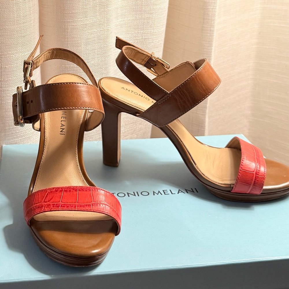 ANTONIO MELANI Brown and Red Heeled Sandals